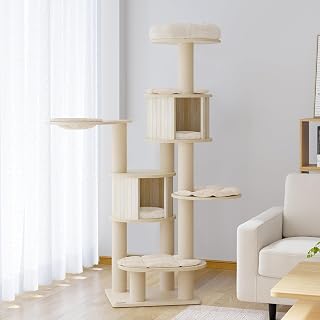 KAMABOKO 67 Inch Tall Cat Tree, 8-Level Wood Cat Tower with Condo, Hammocks and Hanging Basket for Large Cats