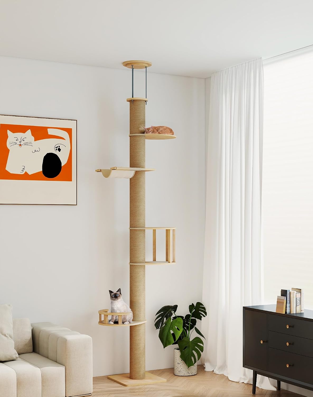 Compact floor-to-ceiling cat tree with sisal posts