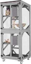 Multi-Level Catio Enclosure with Wheels, 62.5 Inch Indoor Outdoor Cat Cage, Scratching Post, Hanging Bed and Resting Box