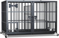Black 48 inch metal double dog crate with divider, wheels and bowls