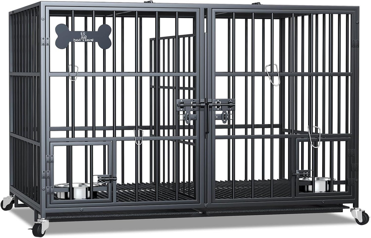 Black 48 inch metal double dog crate with divider, wheels and bowls