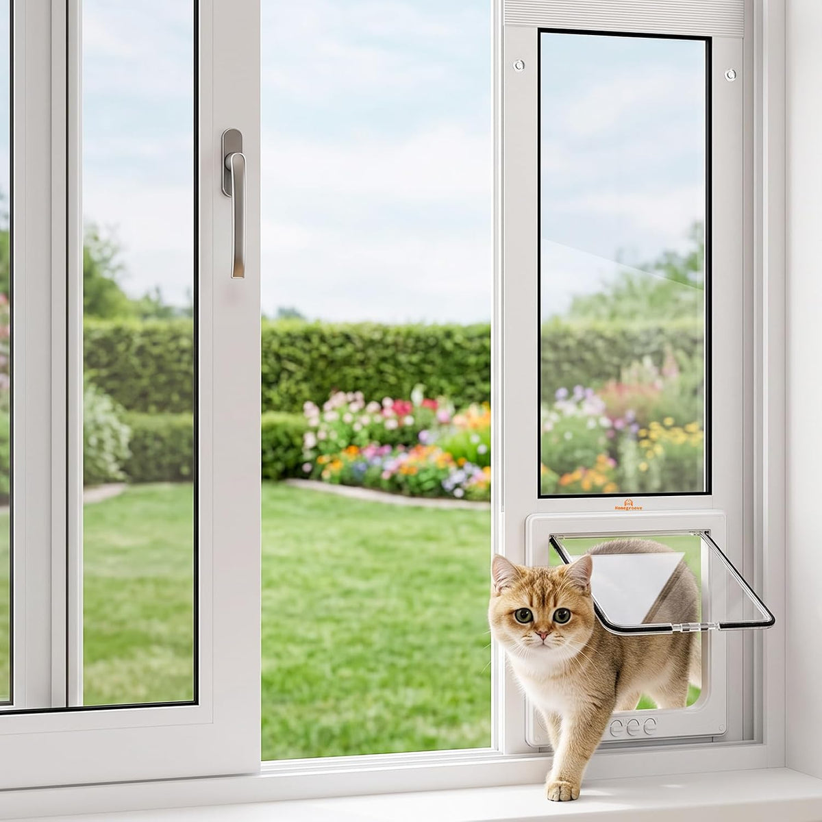 Adjustable aluminum vertical window insert with cat door flap