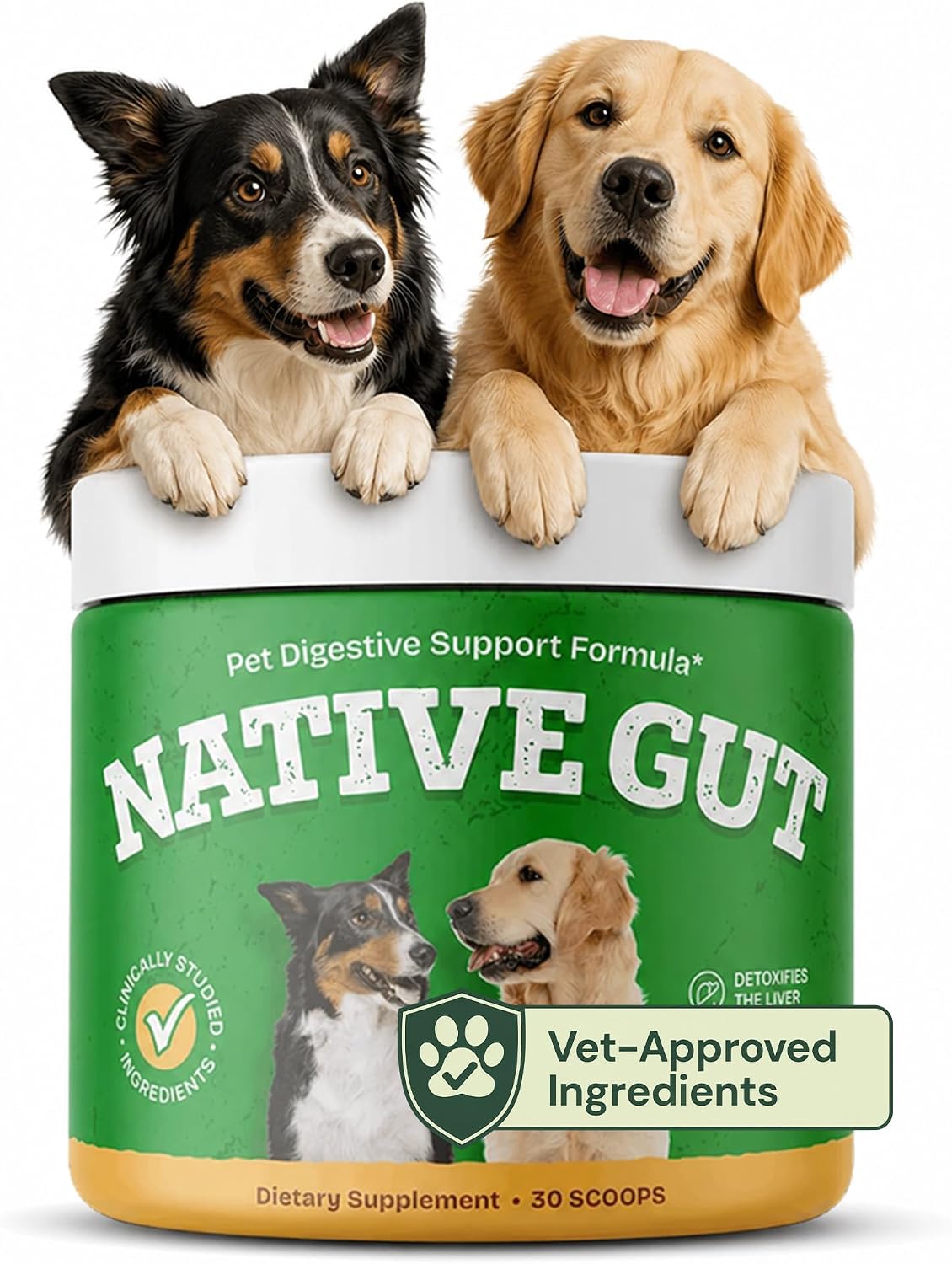 Three containers of probiotic powder for dogs with scoop