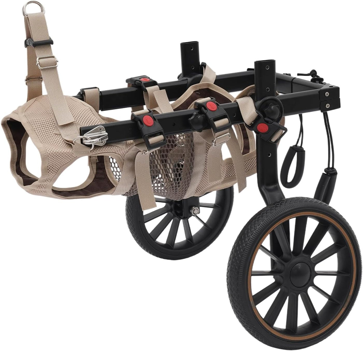 Adjustable rear-support dog wheelchair with two wheels and harness