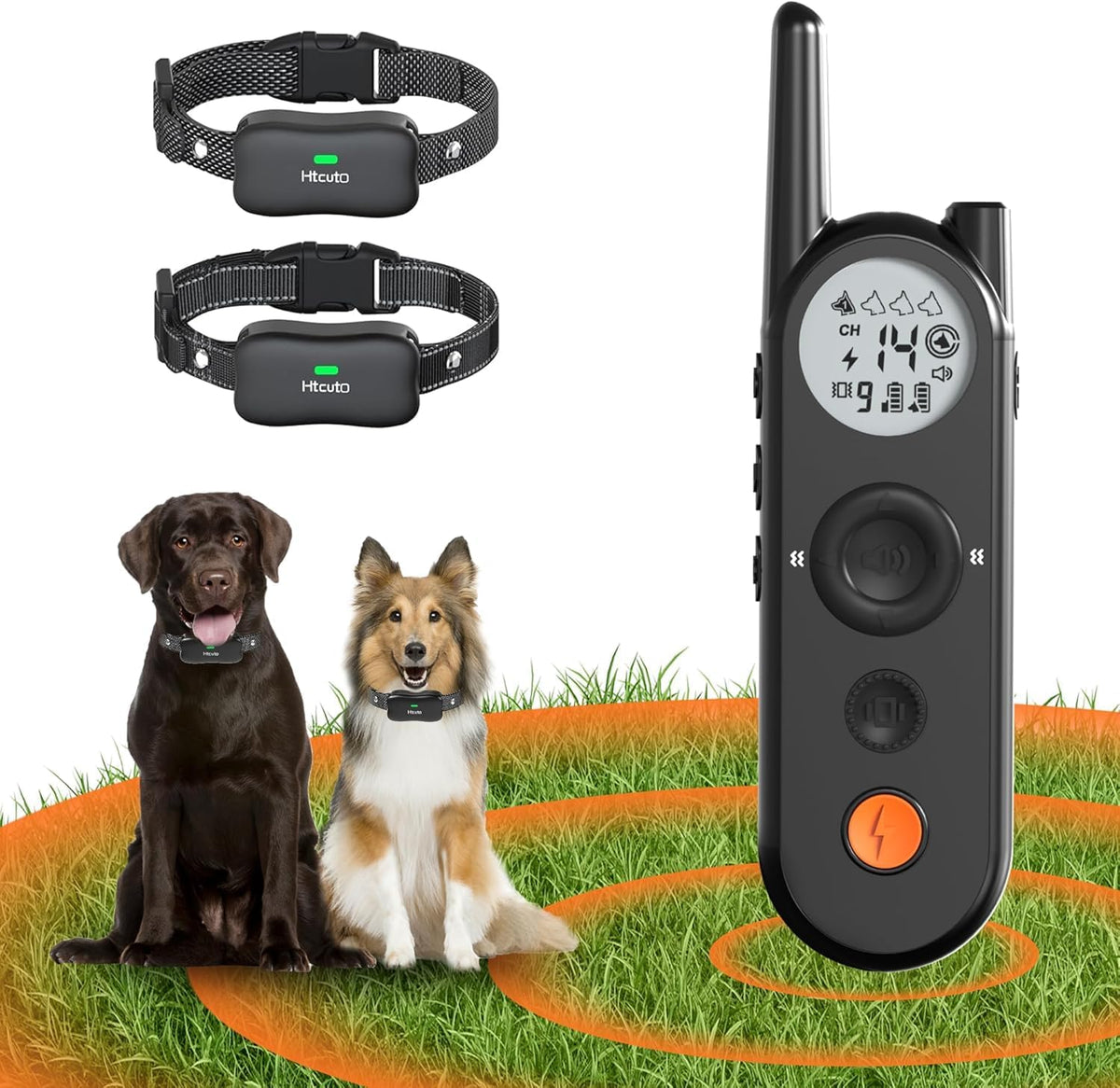 Wireless dog fence transmitter with remote and two black collars