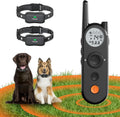 Black wireless dog fence remote with two rechargeable training collars