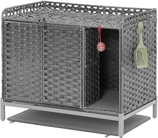 Cat Litter Box Enclosure with Litter Mat, Handwoven Rattan Cat House with Metal Feet, 31.2 x 19.6 x 24.2 Inches, Gray