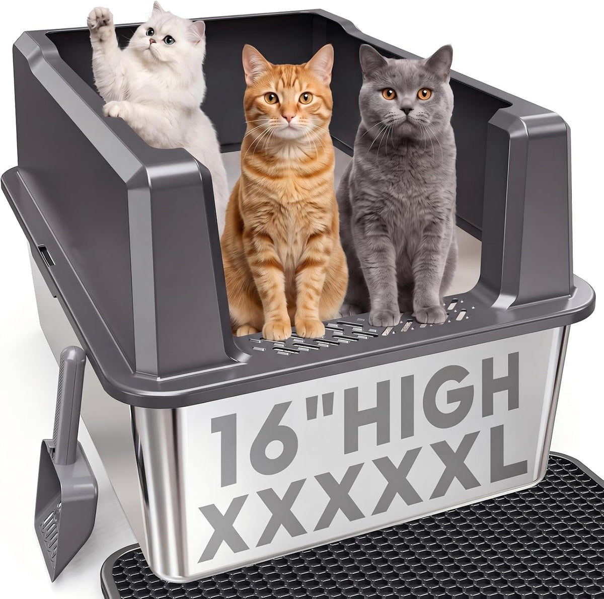 Grey stainless steel top-entry litter box with lid and high sides