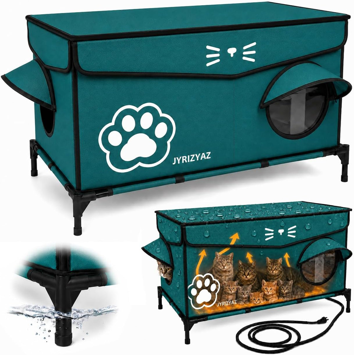 Insulated heated outdoor cat house on raised base with escape door