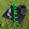 Heavy duty two dog tie-out stake with dual swivel topper in the ground