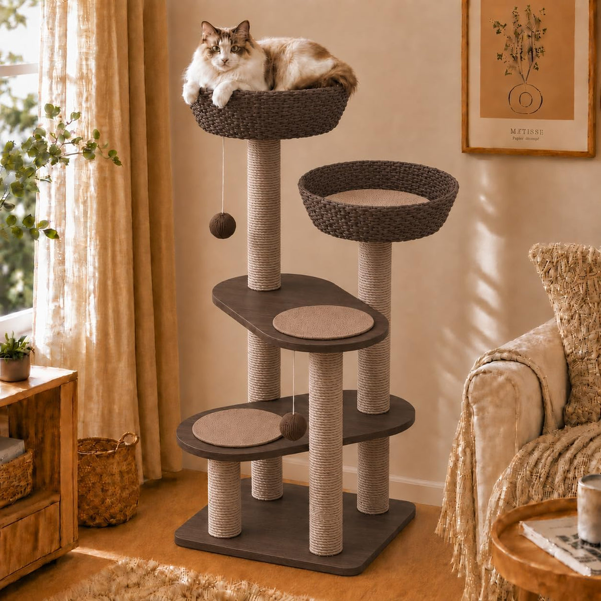 Brown 44 inch solid wood cat tree with two woven nests