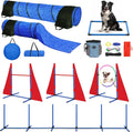 Dog agility course set with tunnel, weave poles, jumps and ring set up on grass