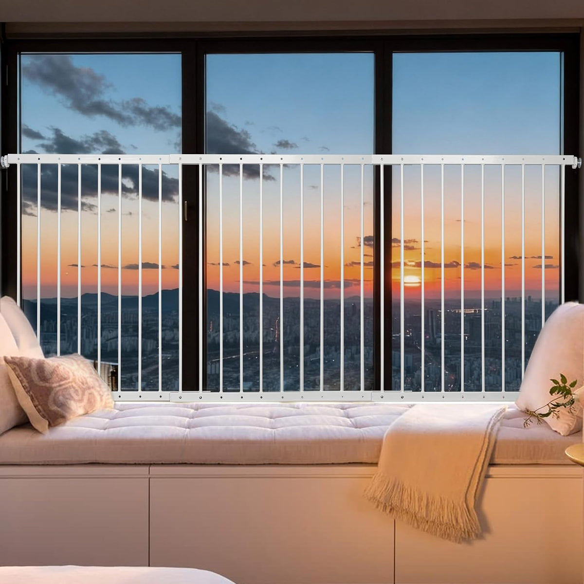 White pressure-mounted window guard bars inside a window