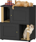 Double litter box enclosure cabinet with two compartments and scratching post