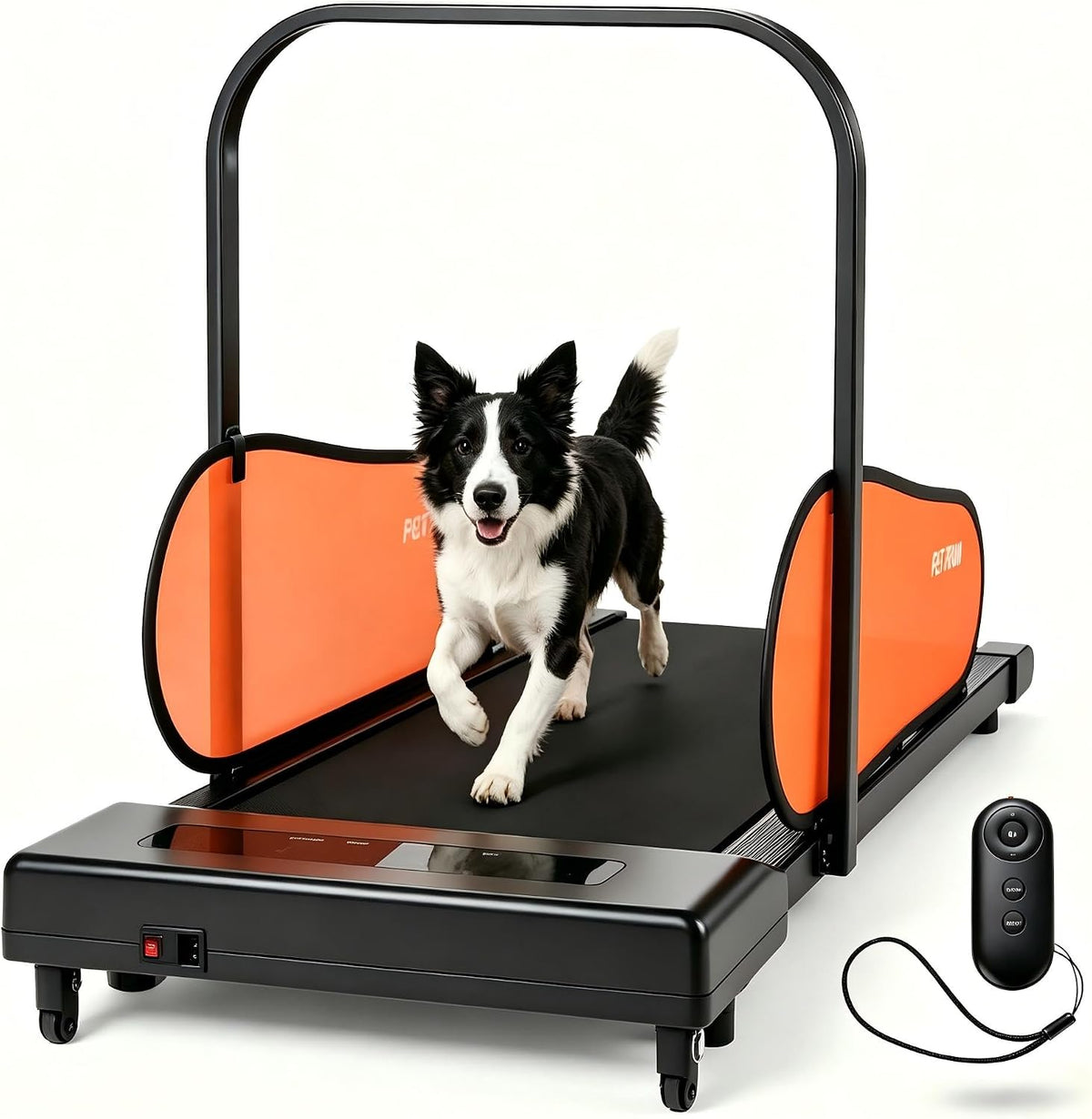 Orange indoor dog treadmill with side rails and LED monitor
