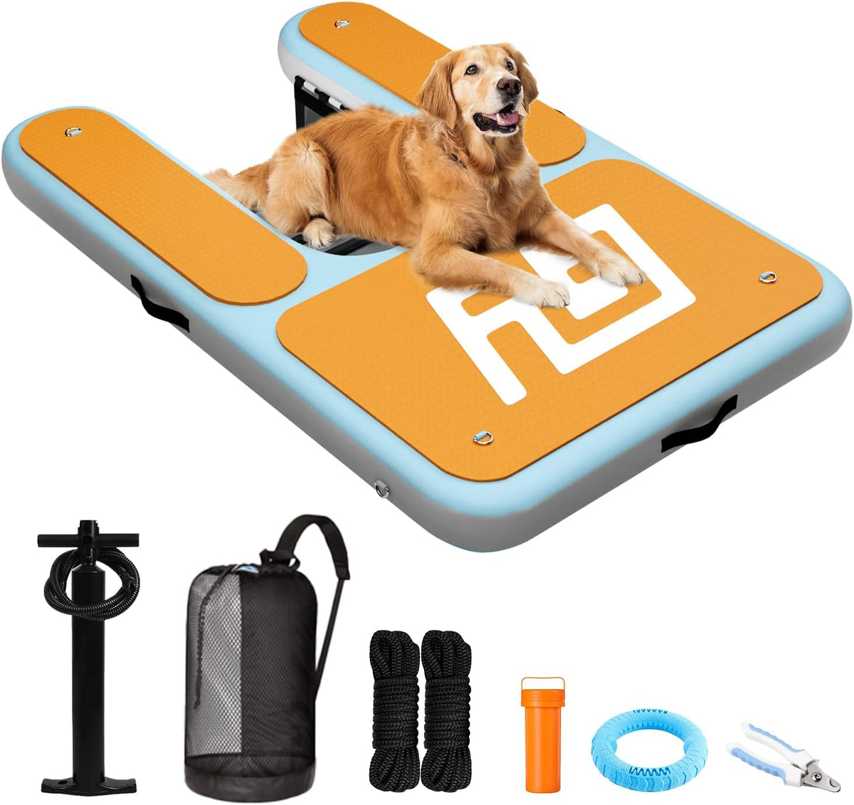 Inflatable dog pool ramp with anti-slip pad floating in water