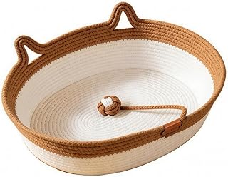 Cat Woven Nest Bed Basket with Raised Walls and Rope Ball Toy, Brown, Extra Large 60x45 cm