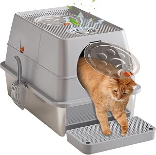 Stainless Steel XL Cat Litter Box, Fully Enclosed with Lid, Built-In Deodorizer and Scoop