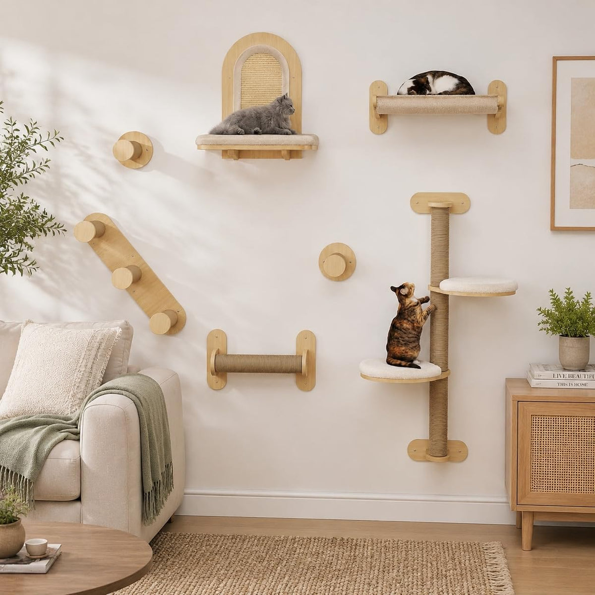 Natural wood wall-mounted cat climbing shelves with sisal rope and bed – view 2