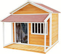 Wooden outdoor dog house with porch, asphalt roof and door flap