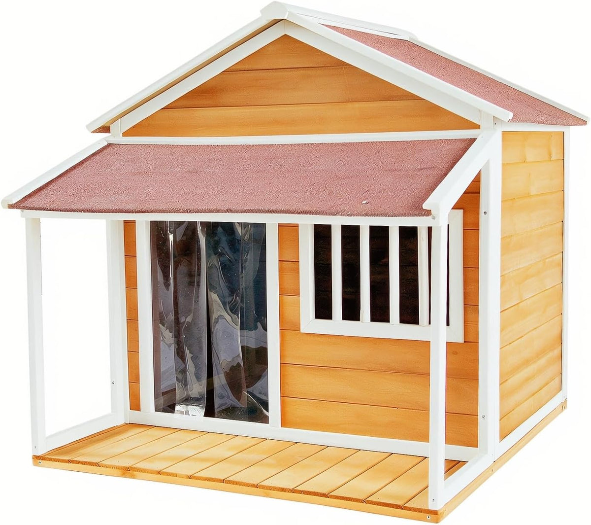 Wooden outdoor dog house with porch, asphalt roof and door flap