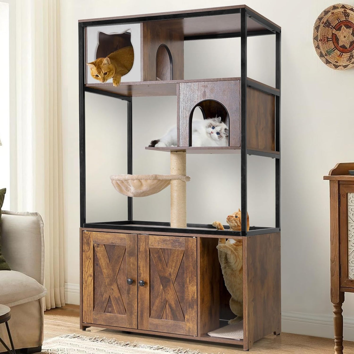 Brown 57.5 inch cat tree with litter box cabinet base and hammock