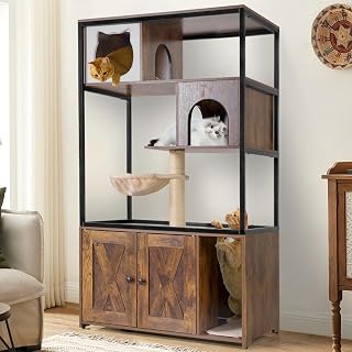 Cat Tree with Hidden Litter Box Enclosure, Scratching Post, Hammock and Mat, 57.5 Inch, Brown