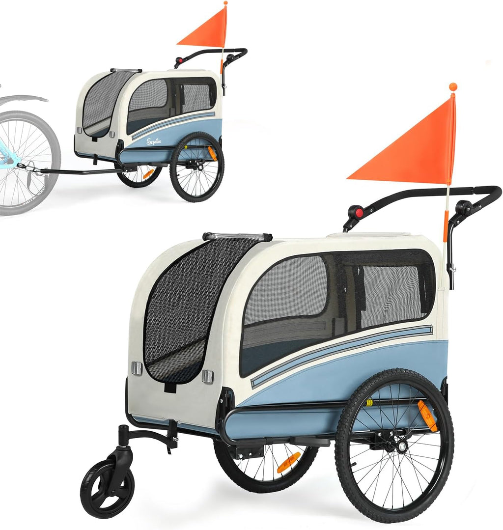 Dog bike trailer converted to stroller with quick release wheels