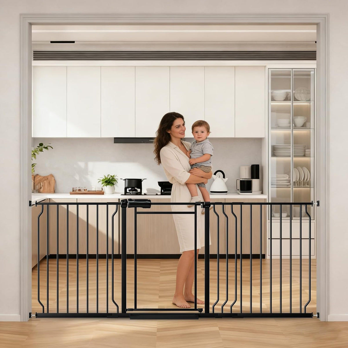 Clear acrylic pressure mounted dog gate with walk-through door in a kitchen doorway