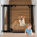 Clear acrylic pet gate with black frame across a doorway