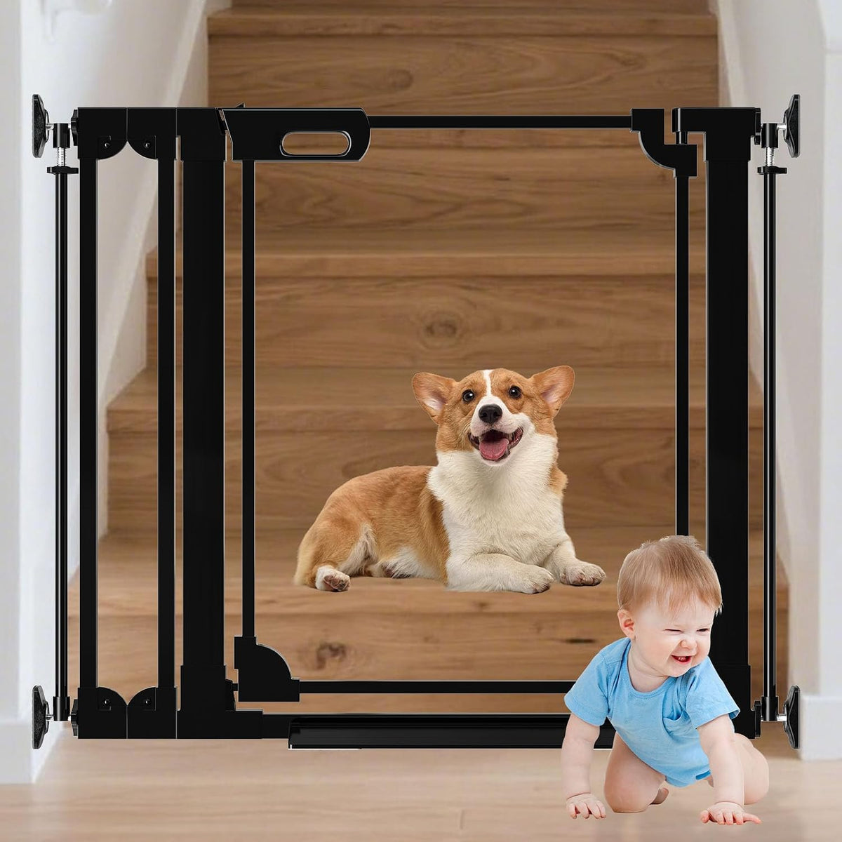 Clear acrylic pet gate with black frame across a doorway