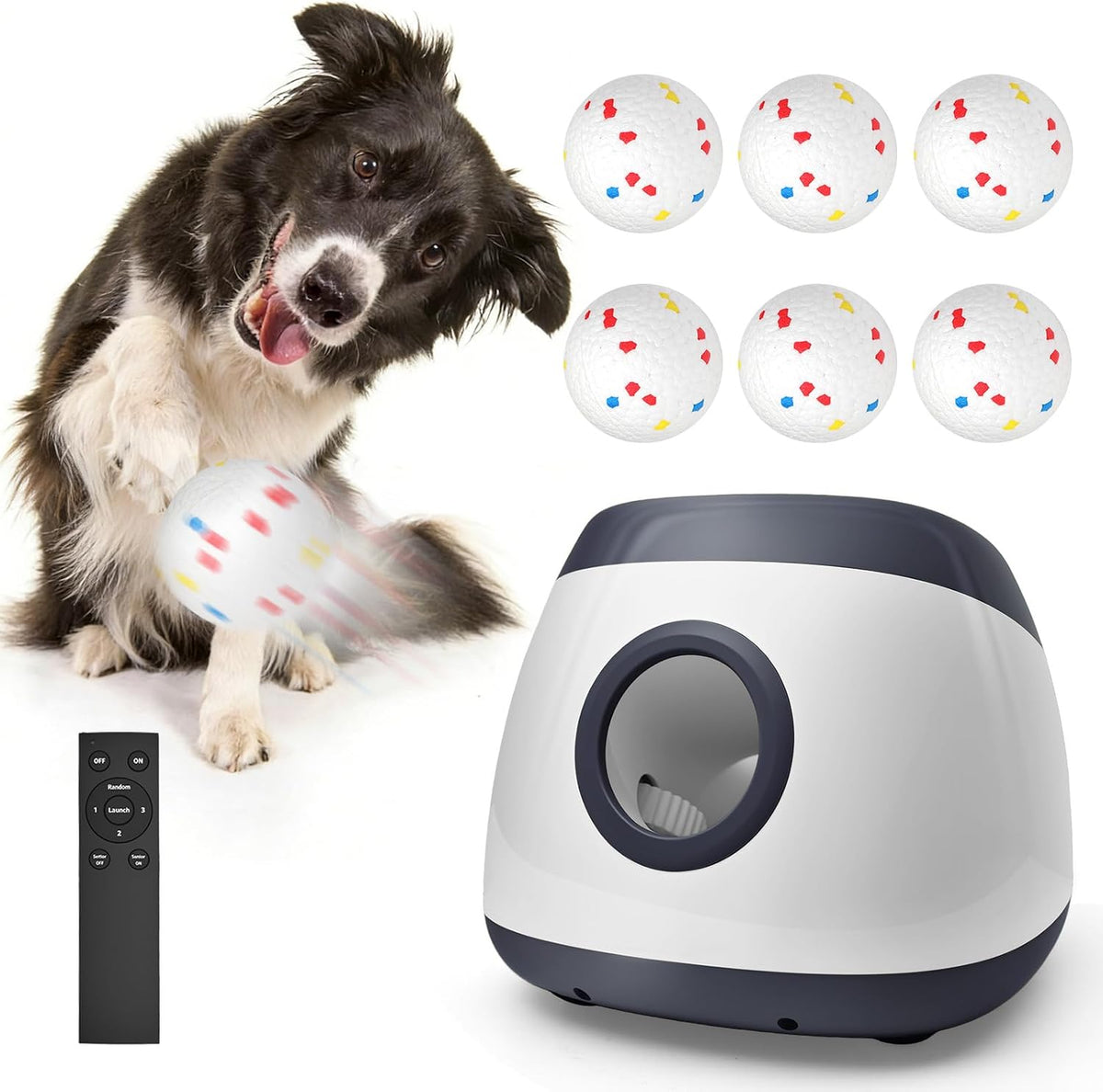 Grey automatic dog ball launcher with tennis balls