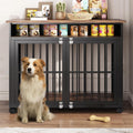 Brown wooden dog crate end table with storage shelf and lockable wheels