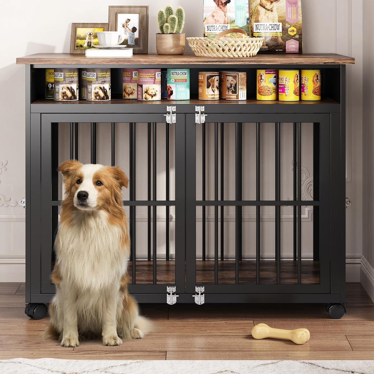 Brown wooden dog crate end table with storage shelf and lockable wheels