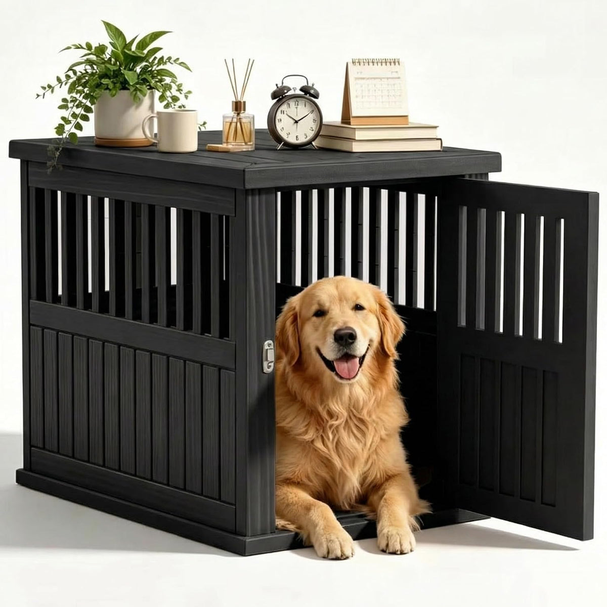 Black resin dog crate furniture used as a sofa side table