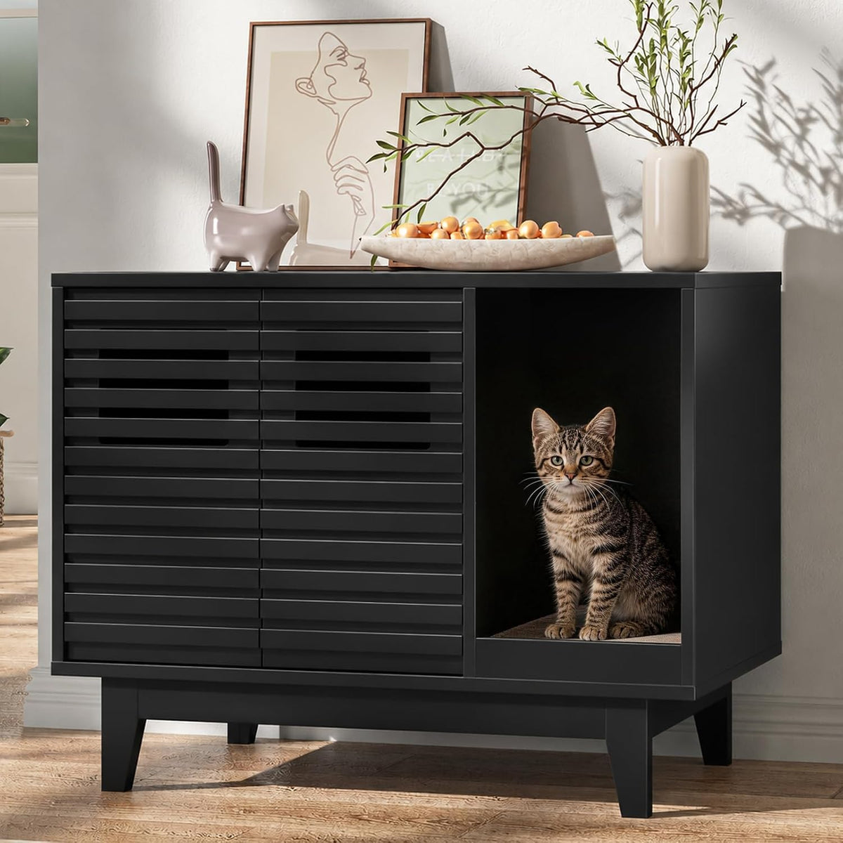 Walnut 31.5 inch litter box cabinet with louvered doors – view 2
