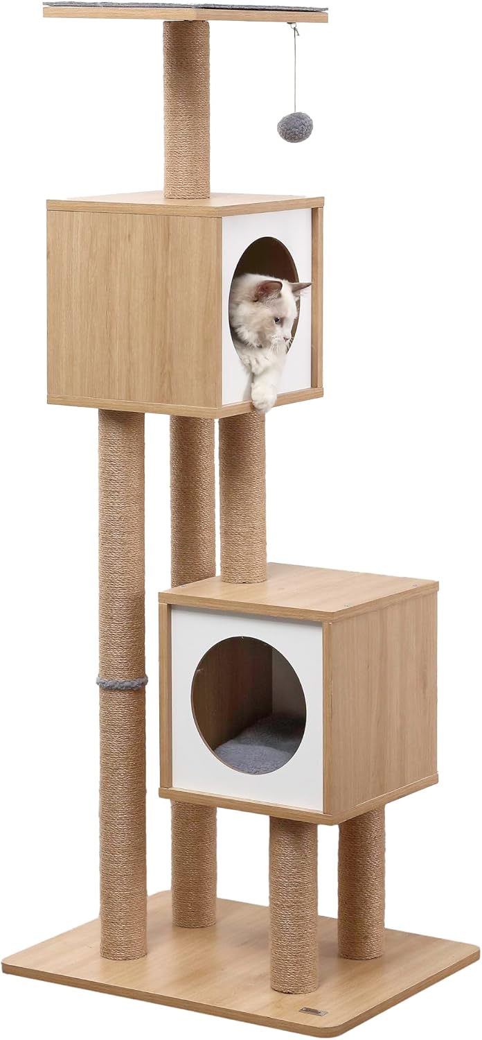 Brown and white three-tier jute cat tree with two cube condos
