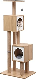 Sawyer 56" 3-Tier Minimalist Jute Cat Tree Condo with Scratching Posts and Fuzzy Toy, Brown/White, CTR1011A