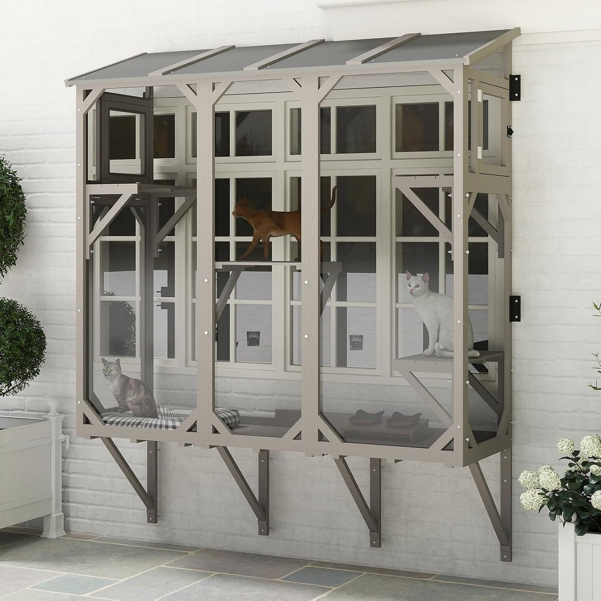 Fir wood window catio box with four jump platforms and waterproof roof