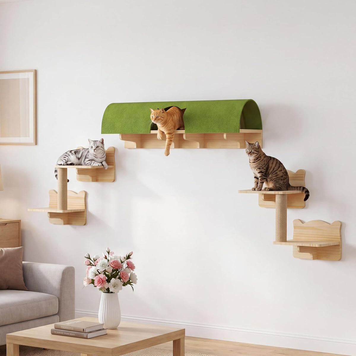 Solid wood wall mounted cat shelves with tunnel, bridge and condos – view 5