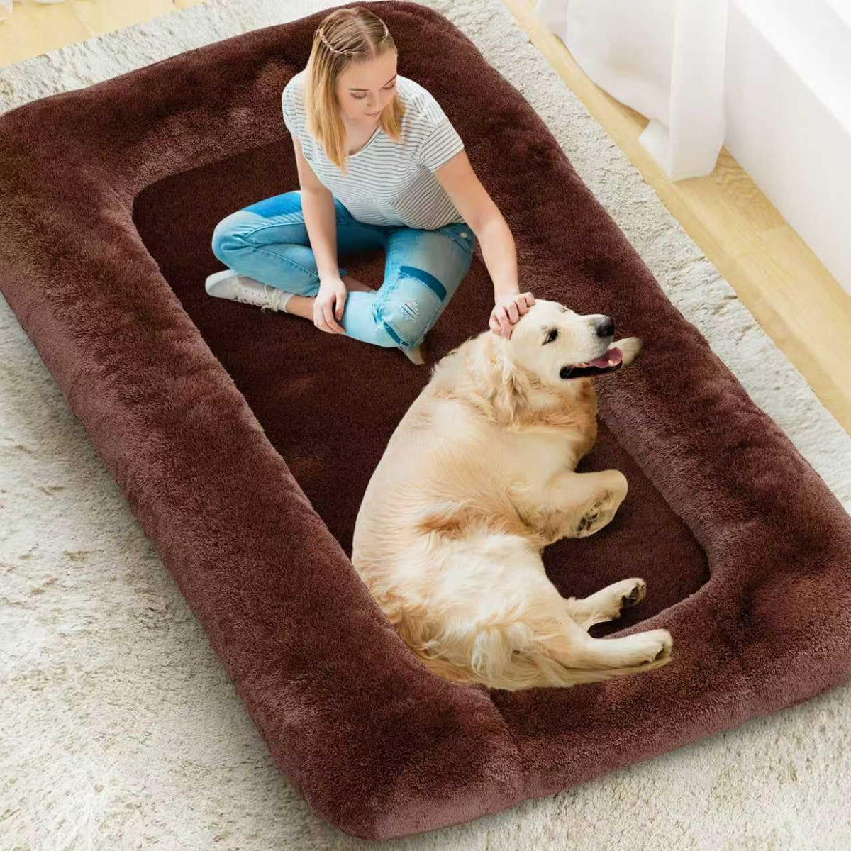 Large grey faux fur human-size dog bed with side pocket and carry handle – view 3