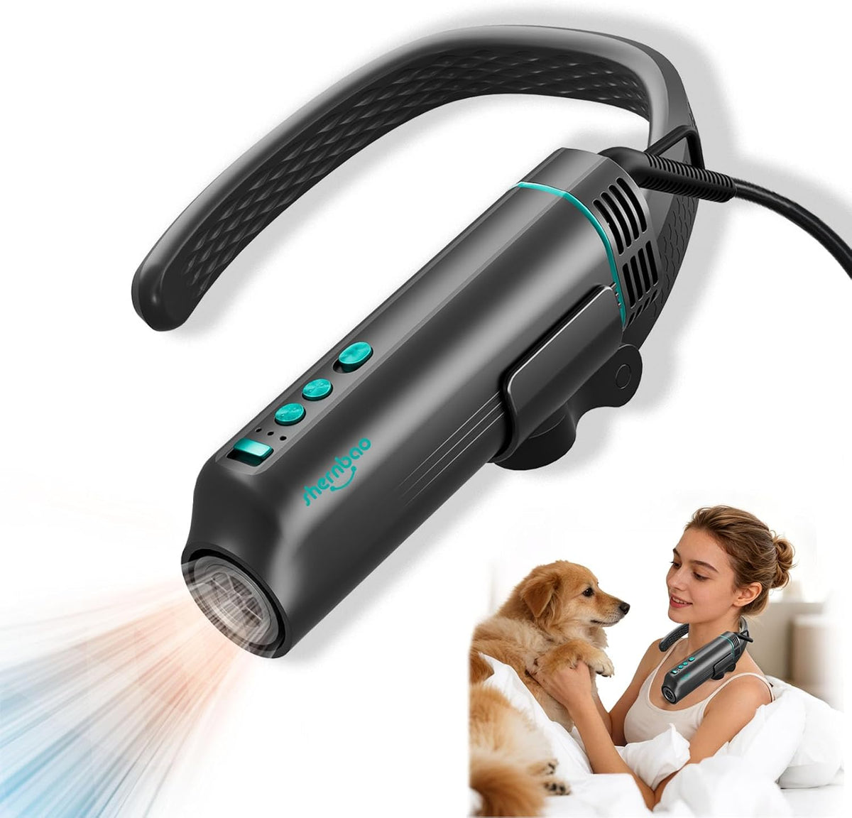 Hands-free neck-mounted high velocity dog grooming dryer