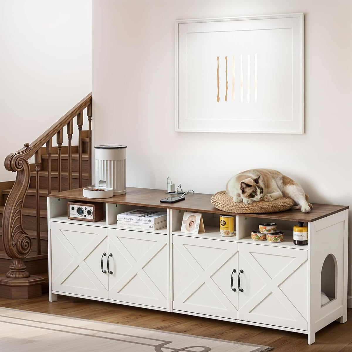 63 inch brown wooden double litter box enclosure TV stand with center shelves – view 2
