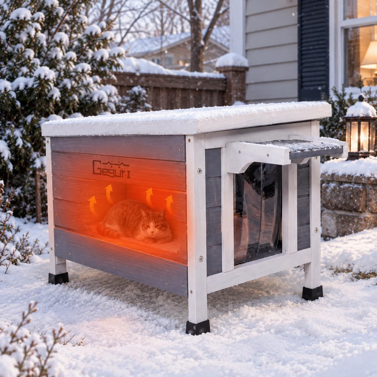 Wooden outdoor cat house with asphalt roof and PVC door flaps – view 4