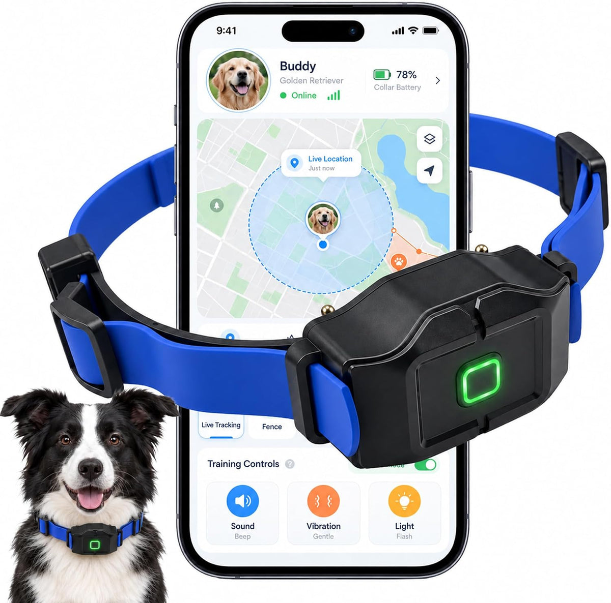 GPS wireless dog fence collar shown with a phone app boundary map – view 4