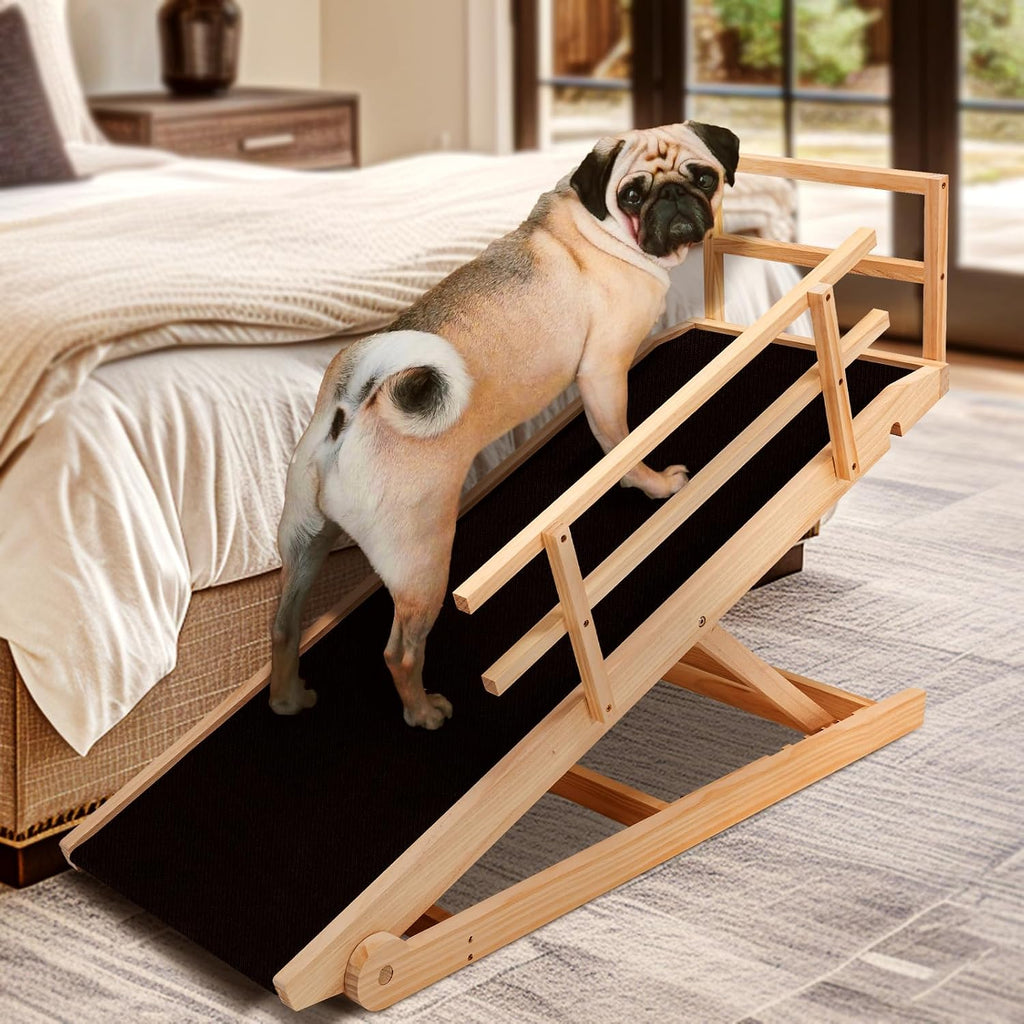 Foldable wooden dog ramp with railings leading up to a couch – view 2