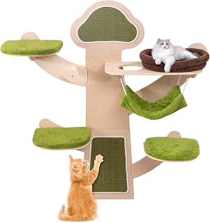 PETSITE 71 Inch Tree-Like Wall-Mounted Cat Shelves with Sisal Scratching Post, Perches, Hammock, Bed and Washable Cushions
