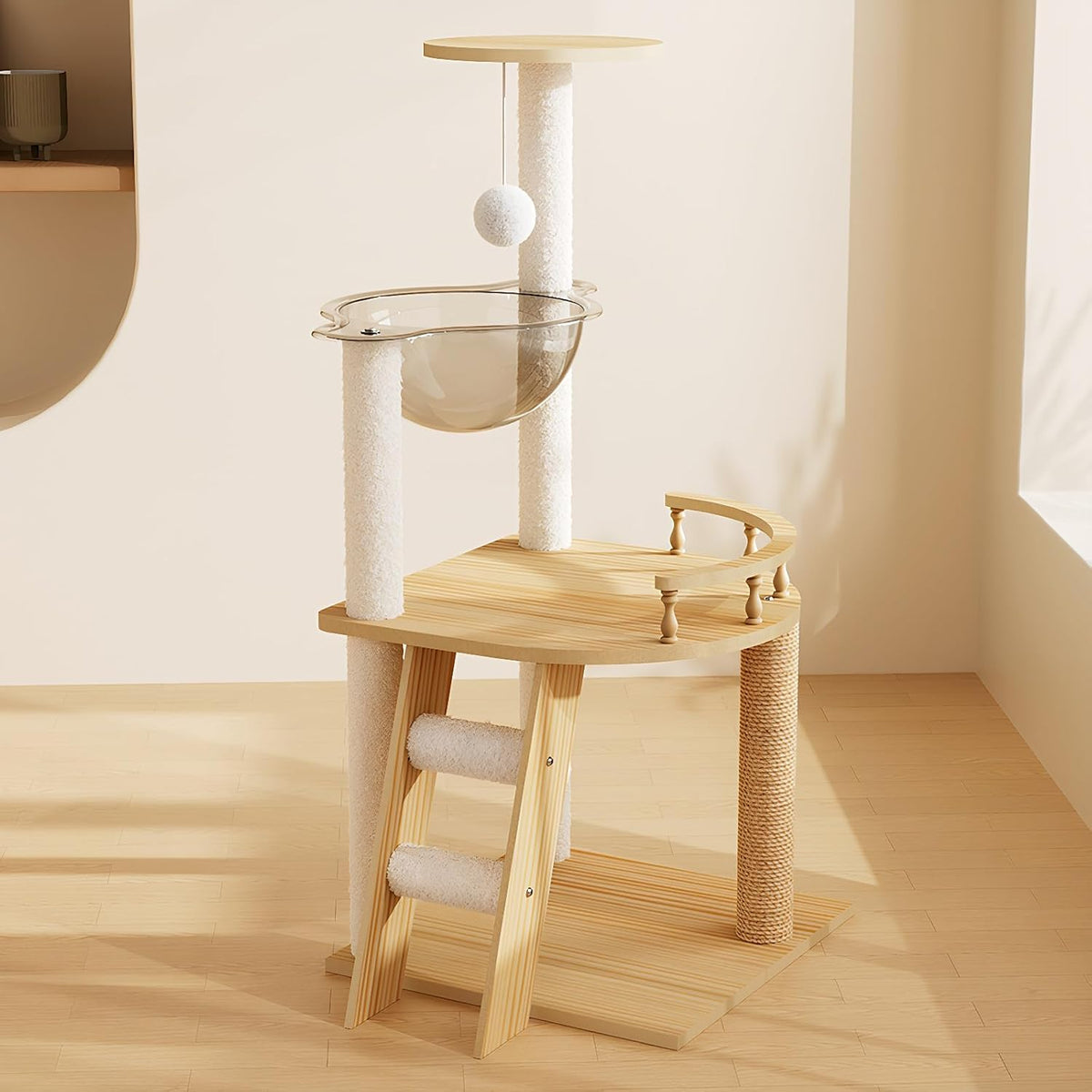 Tall floor to ceiling wood cat tree with condo cave bed, hammock and scratching post – view 4