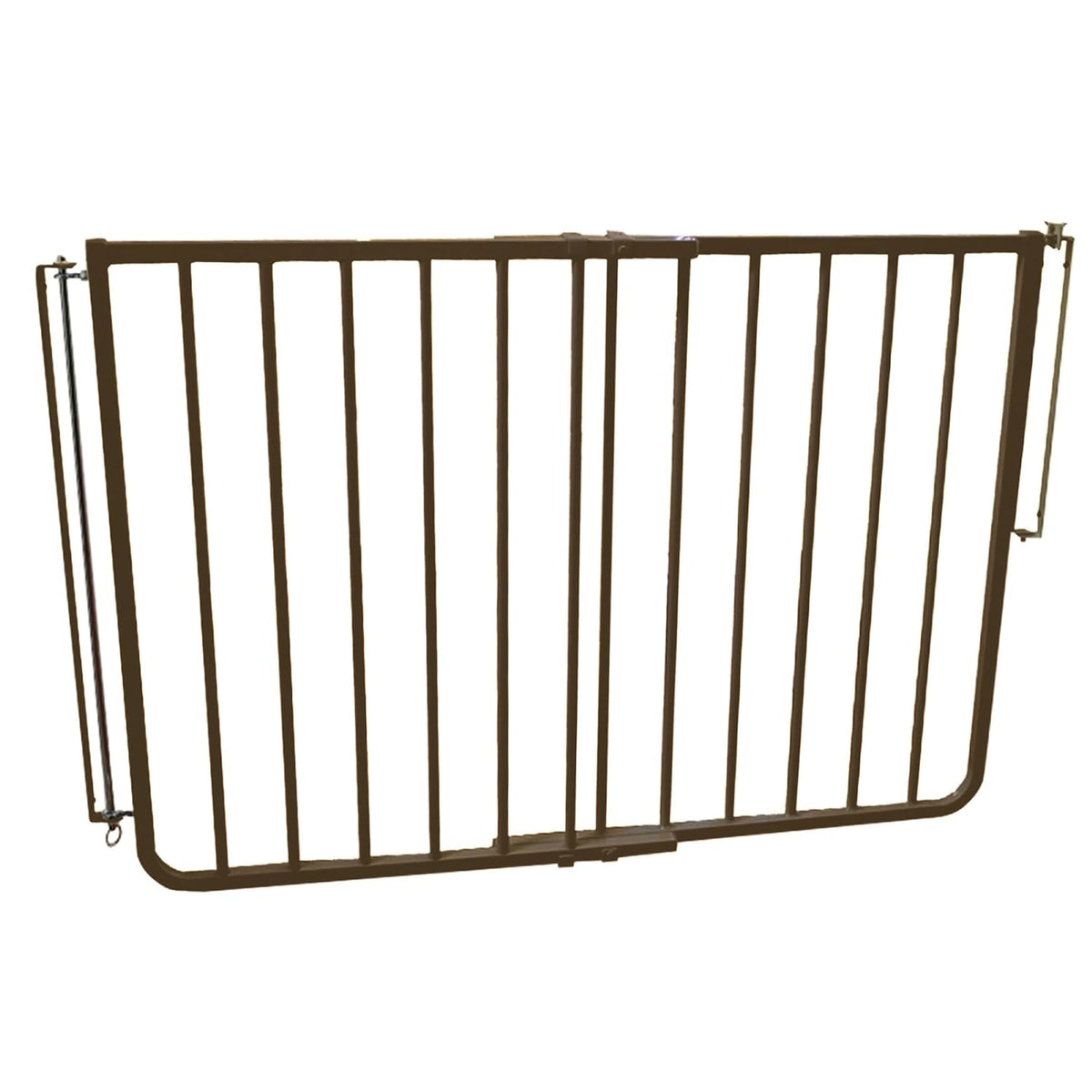 Brown aluminum outdoor gate mounted at the top of deck stairs