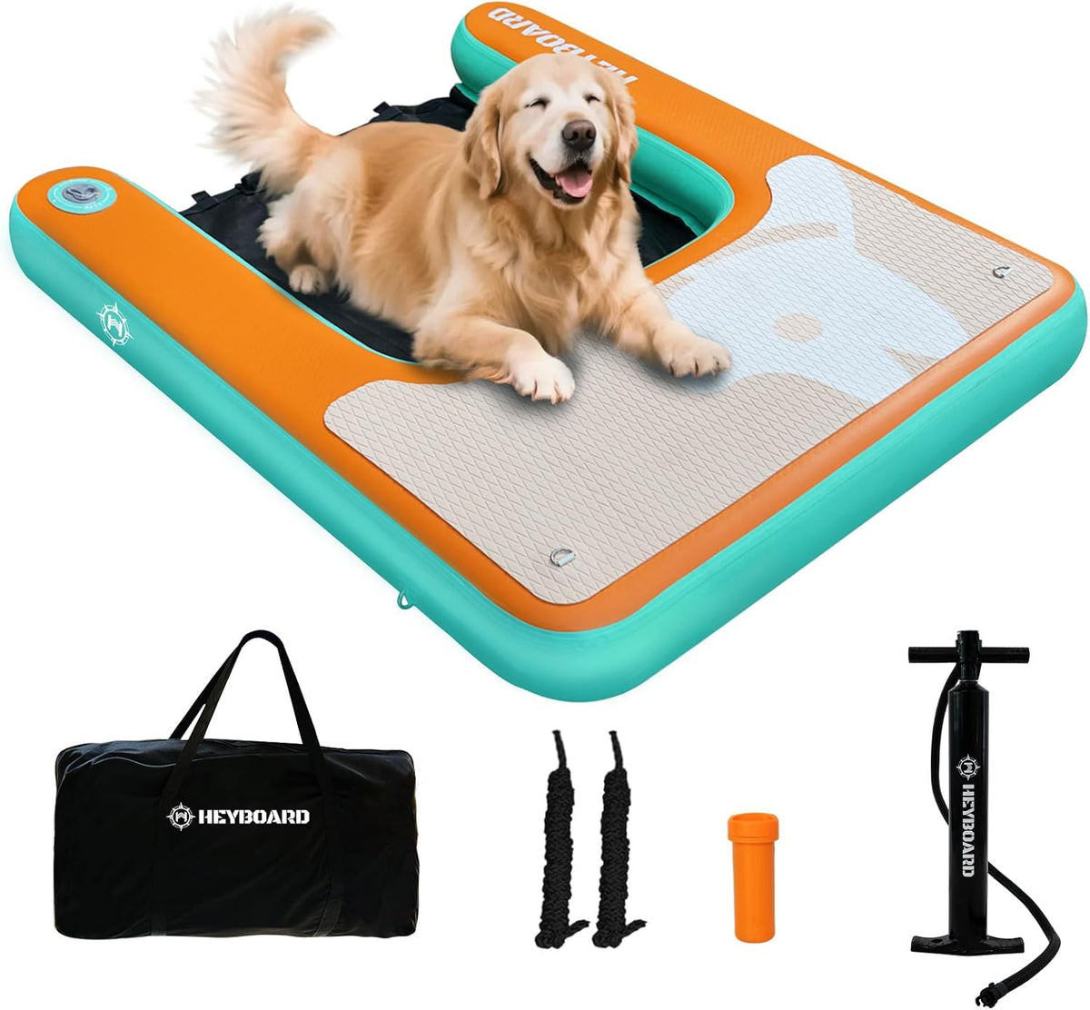 Inflatable floating dog ramp with non-slip EVA top at the edge of a pool